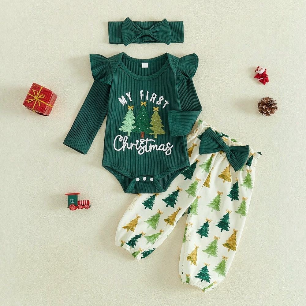 3PCS Sweet My First Christmas Letter Applique Tree Print Baby Girl Set