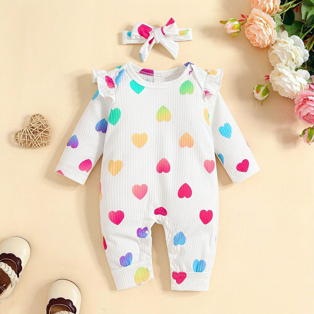 2PCS Dreamy Allover Heart Print Long Sleeve Baby Jumpsuit