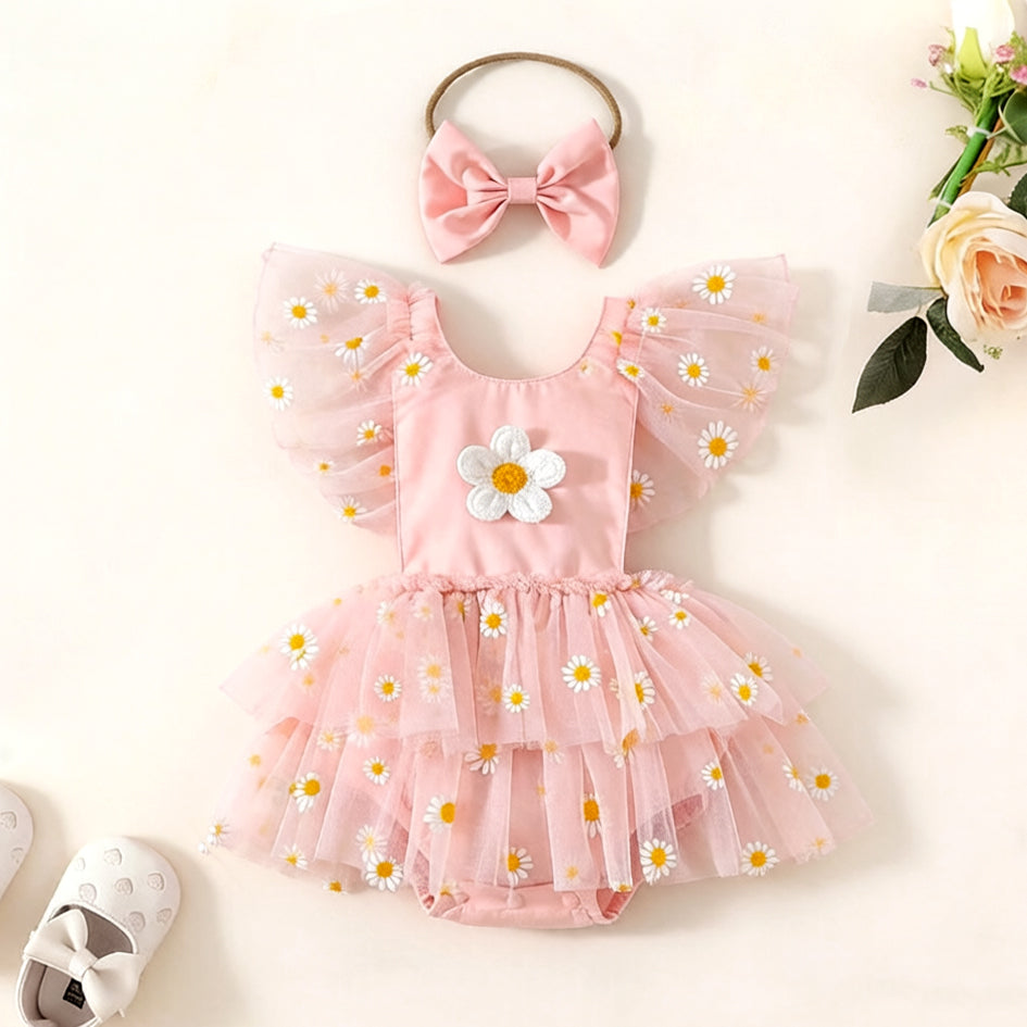 2PCS Floral Appliqué Daisy Print Tulle Flutter Sleeve Baby Romper