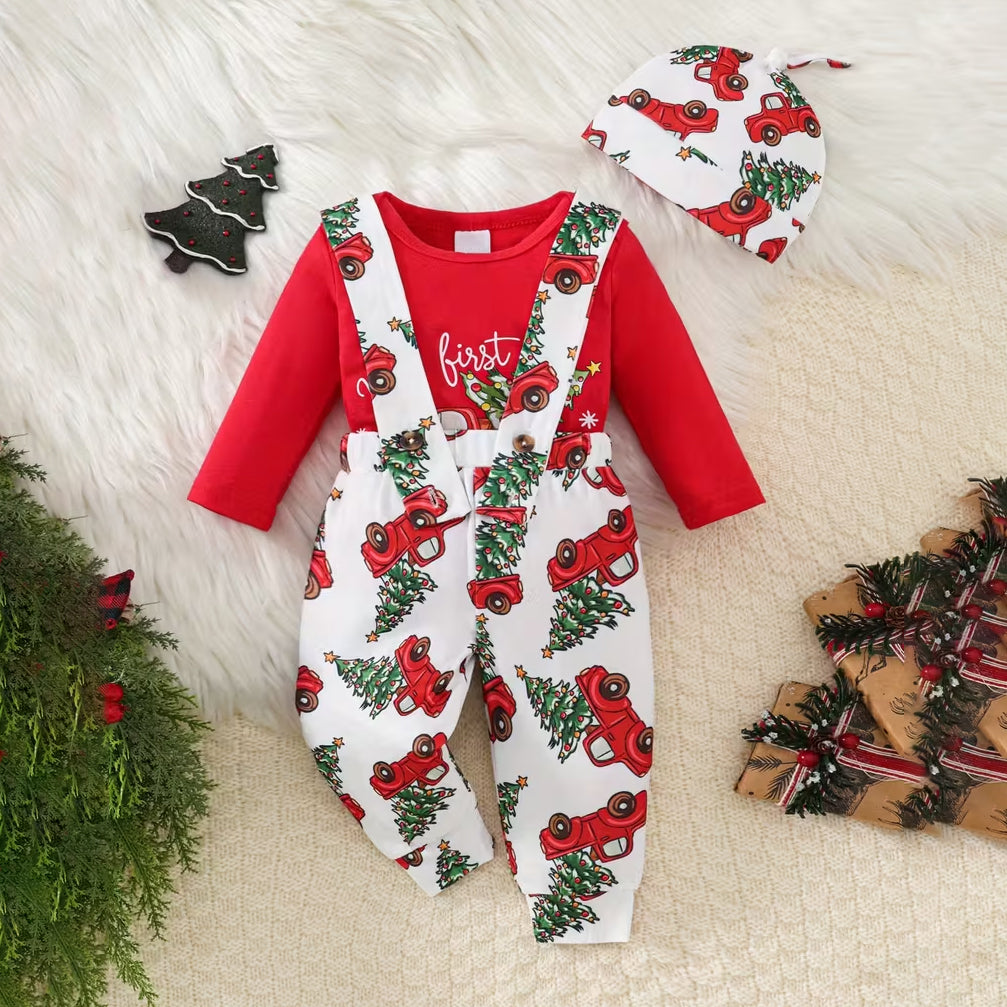 3PCS My First Christmas Letter Car Printed Overalls Baby Set