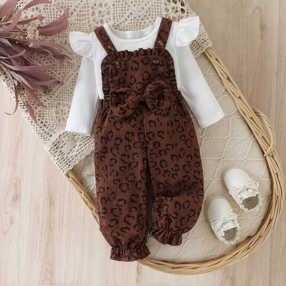 2PCS Chic Baby Girl Leopard Printed Long Sleeve Corduroy Overalls Set