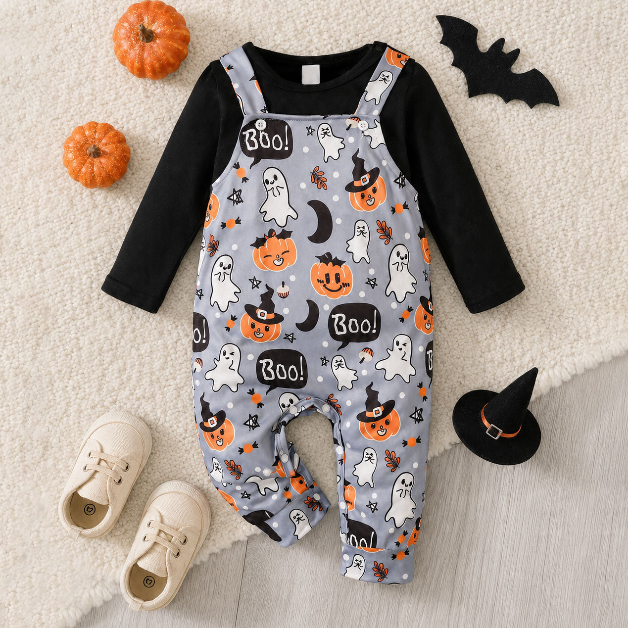 2PCS Halloween Boo Letter Pumpkin Print Long Sleeve Overalls Baby Set