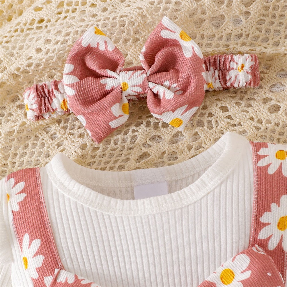 2PCS Casual Cute Daisy Print Long Sleeve Baby Jumpsuit
