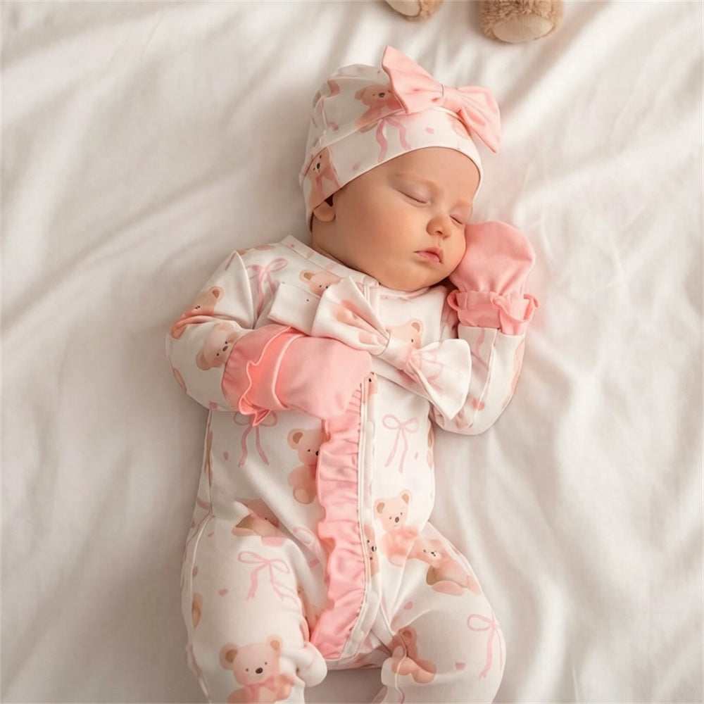 2PCS Sweet Bear Bowknot Print Ruffle Zipper Baby Jumpsuit