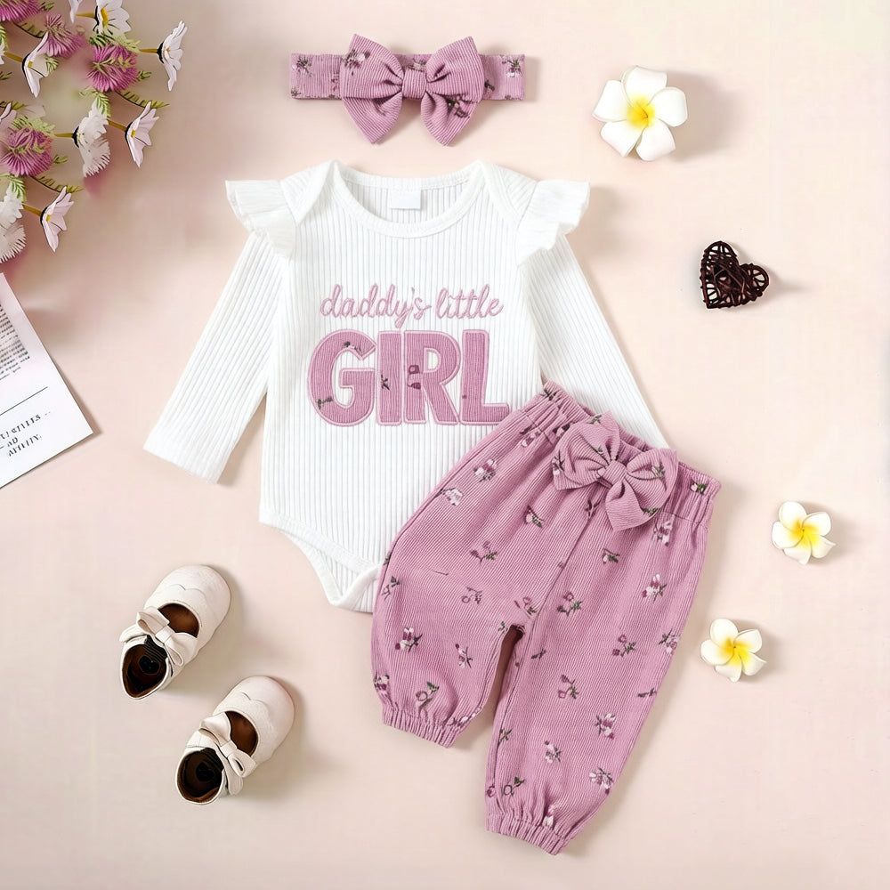 3PCS Refined Daddy's Little Girl Letter Floral Print Baby Set