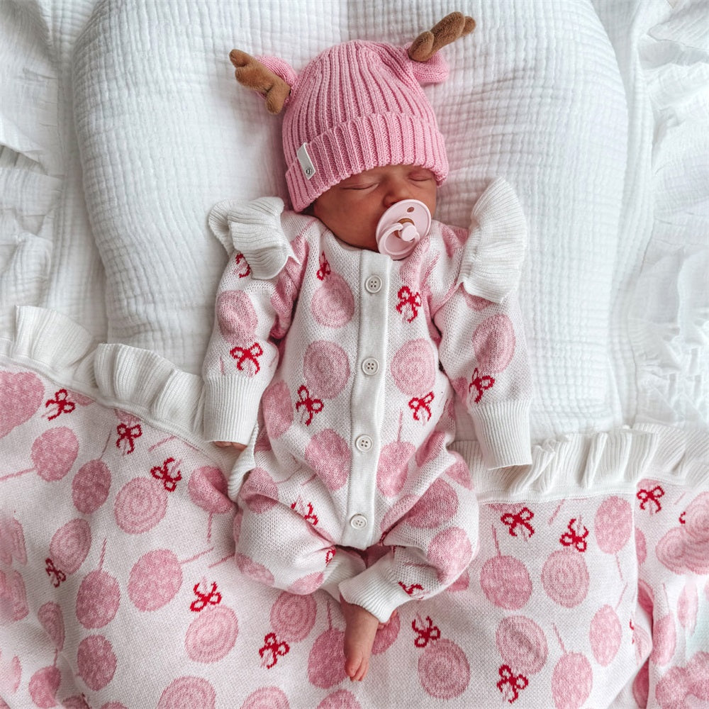 2PCS Sweet Lollipop Print Knit Ruffle Long Sleeve Baby Jumpsuit