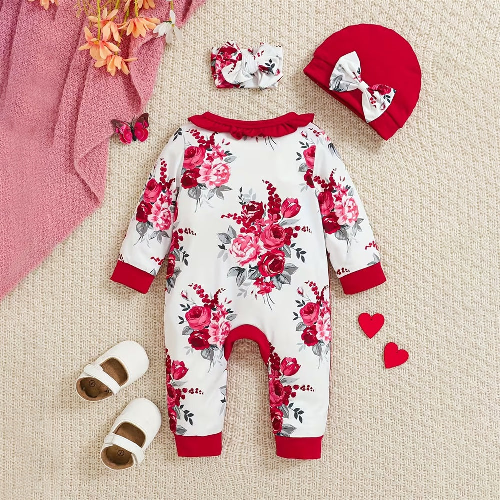 3PCS Mama's Bestir Letter Floral Print Long Sleeve Baby Jumpsuit