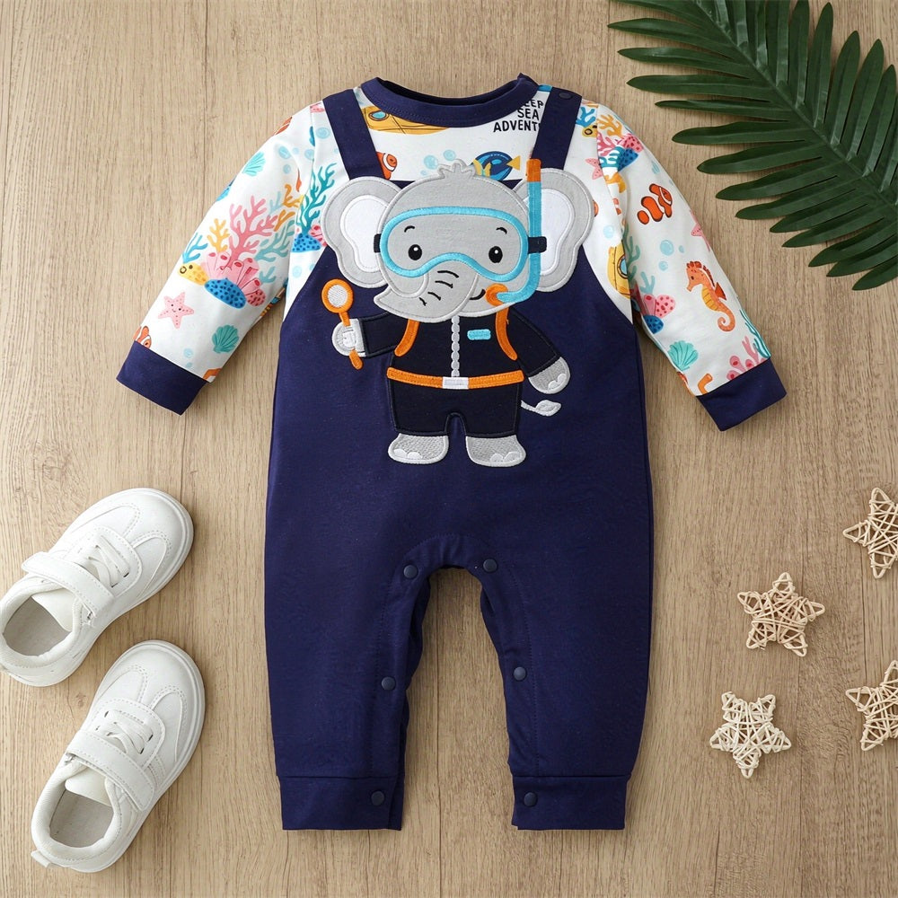 Cute Elephant Embroidery Long Sleeve Baby Jumpsuit