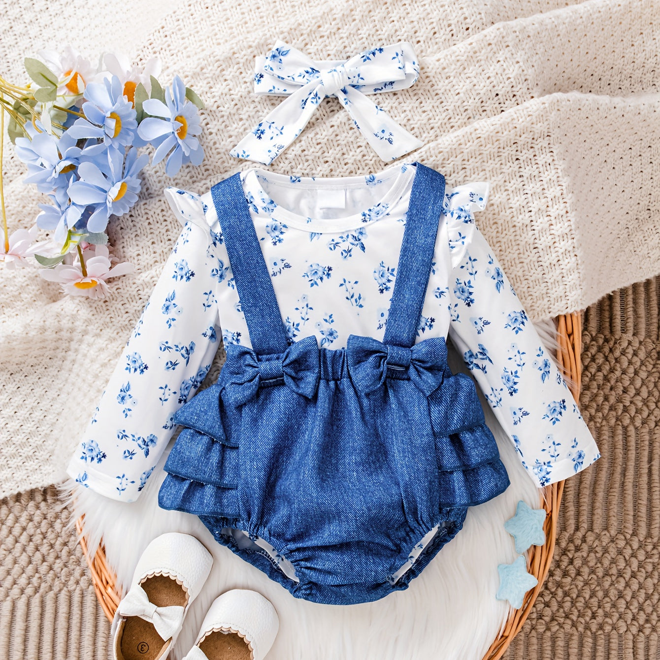 3PCS Gorgeous Floral Printed Long Sleeve Bowknot Baby Set
