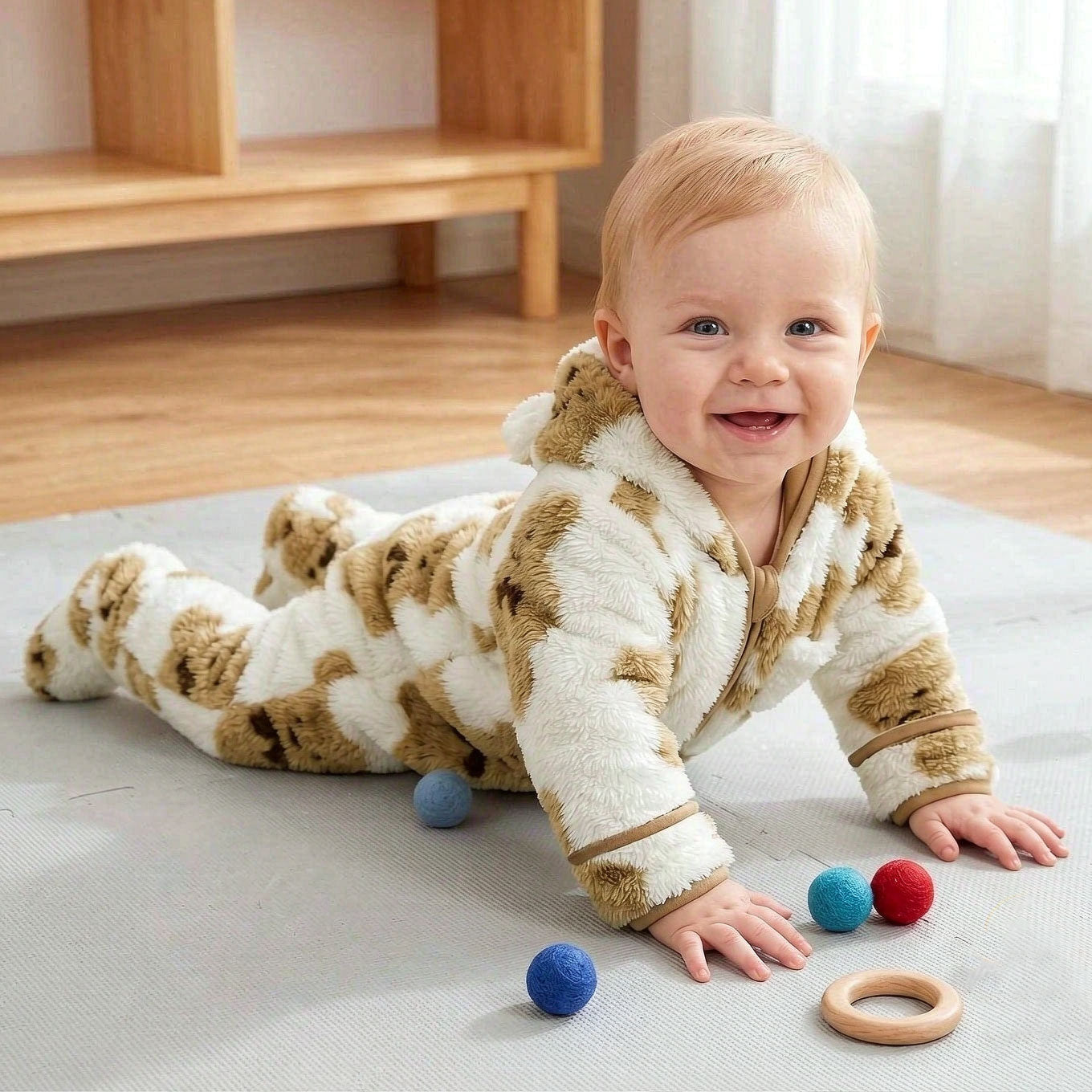 Fuzzy Bear Printed Zipper Long Sleeve Baby Hoodie Jumpsuit