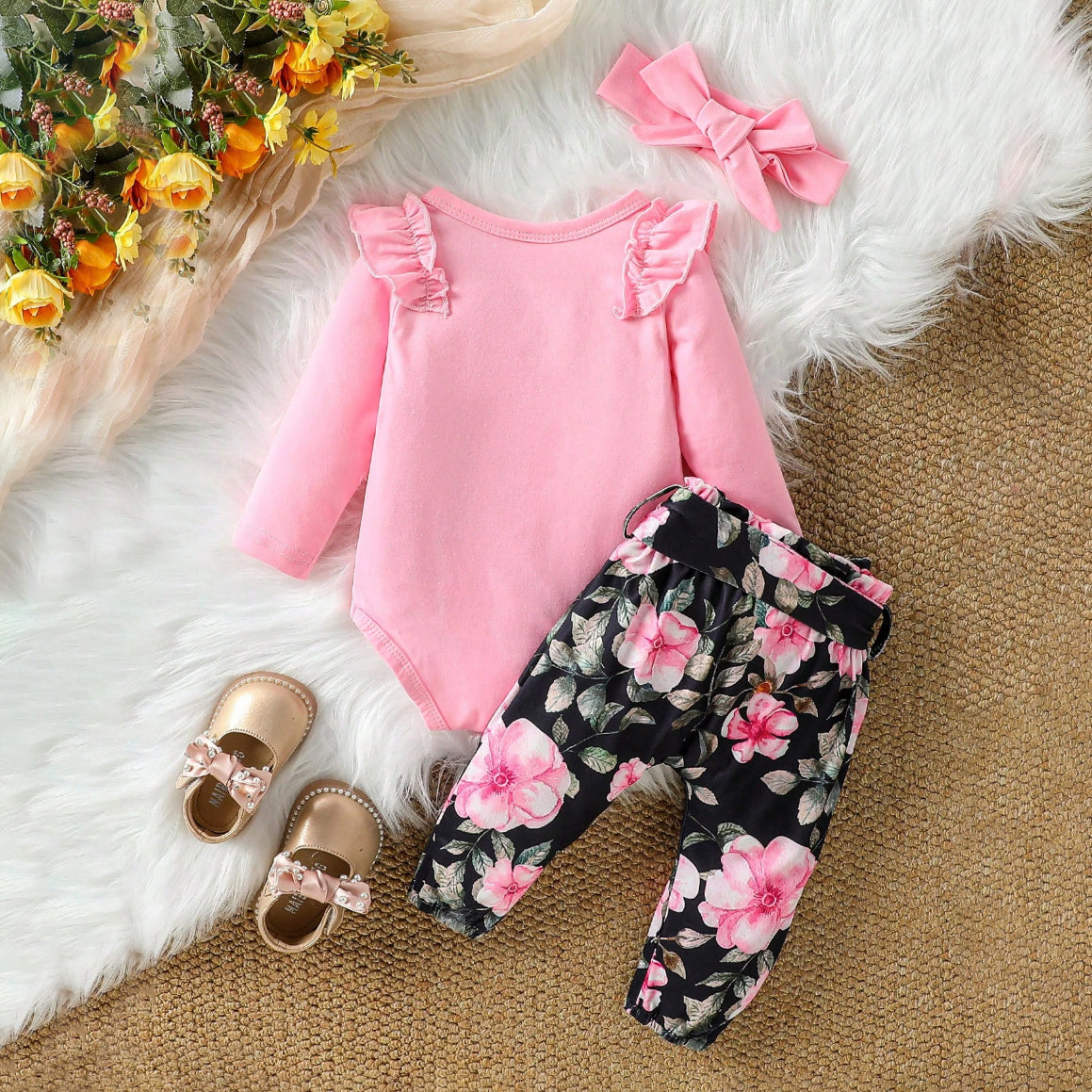 3PCS Pretty Daddy's Girl Mommy's World Letter Floral Printed Baby Set