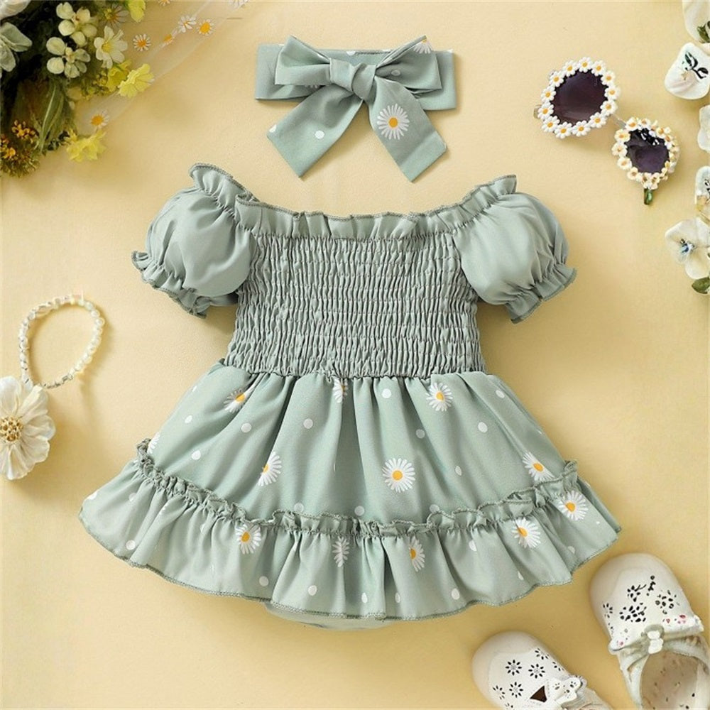 2PCS Stylish Daisy Printed Short Sleeve Baby Romper