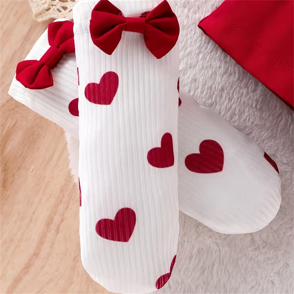 3PCS Trend Heart Print Ruffle Shoulder Long Sleeve Baby Romper