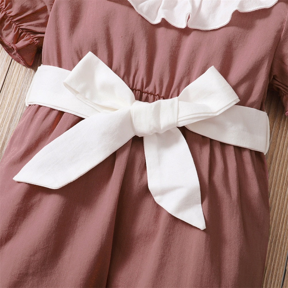 Casual Solid Color Ruffle Collar Short Sleeve Baby Jumpsuit