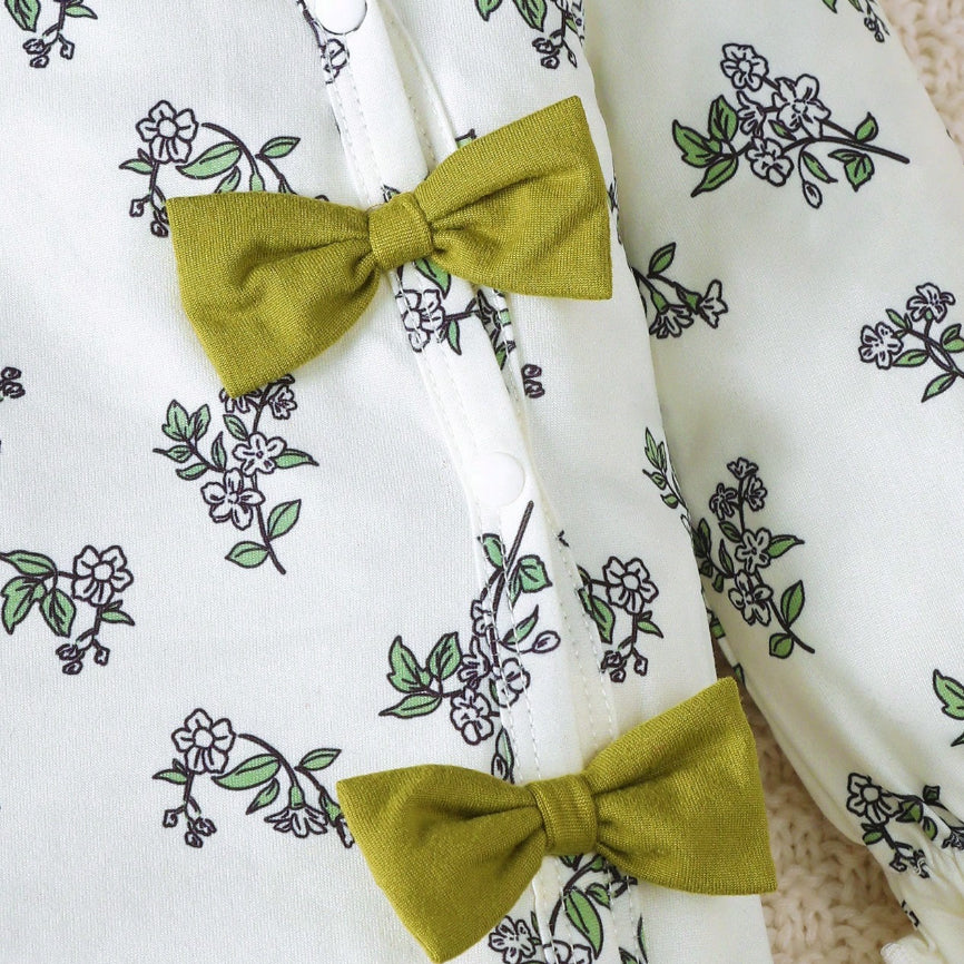 2PCS Floral Print Green Bowknot Long Sleeve Baby Jumpsuit