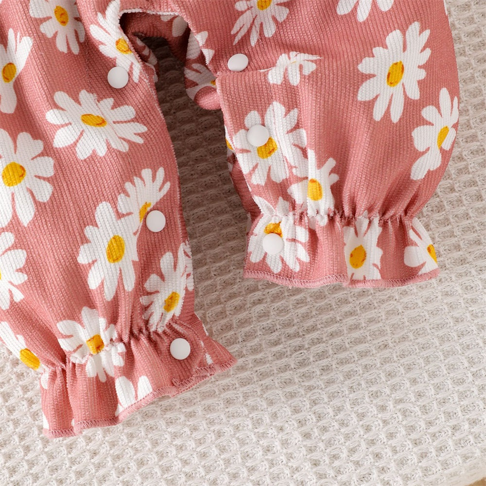 2PCS Casual Cute Daisy Print Long Sleeve Baby Jumpsuit