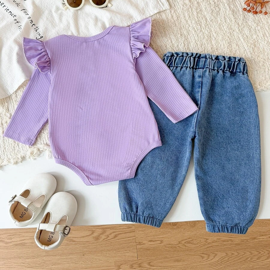 2PCS Pretty Floral Applique Long Sleeve Baby Girl Denim Set
