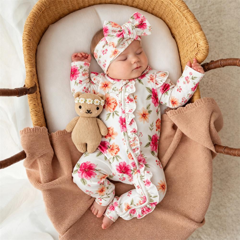2PCS Elegant Floral Print Ruffle Long Sleeve Zipper Baby Jumpsuit