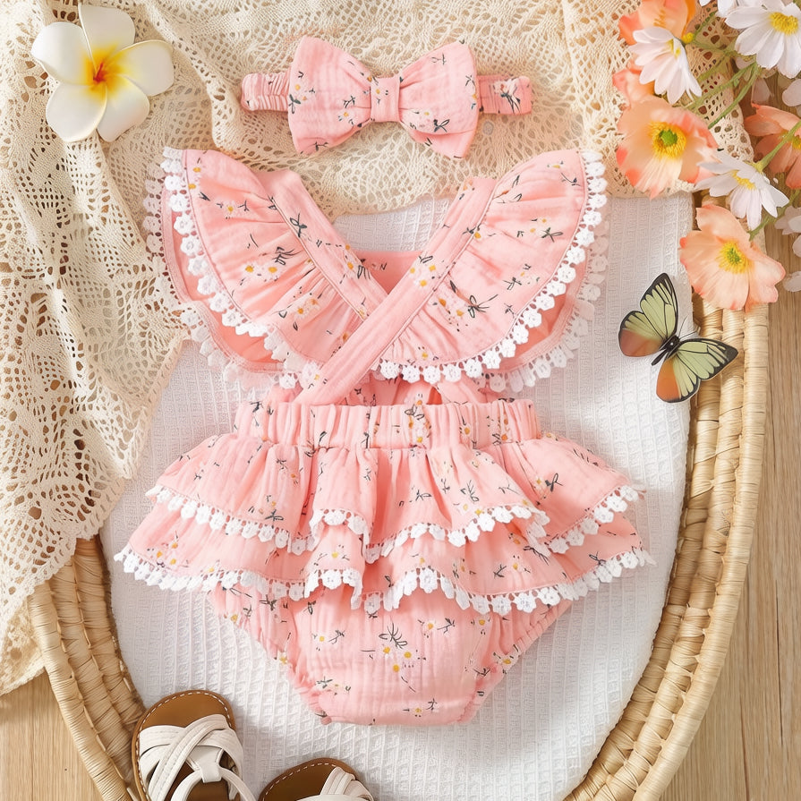 2PCS Pretty Floral Printed Bow Flounce Sleeve Baby Romper