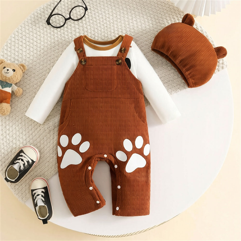 3PCS Adorable Bear Paw Print Long Sleeve Baby Overalls Set