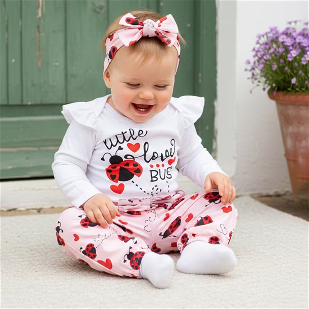 3PCS Little Love BUG Letter Print Long Sleeve Baby Set