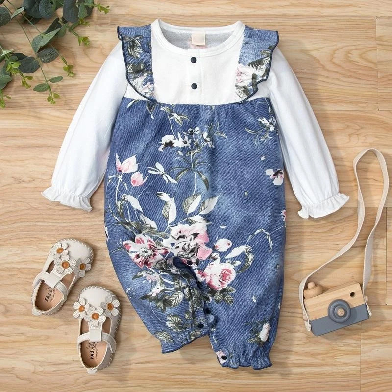 Vintage Baby Girl Floral Print Faux Two Piece Long Sleeve Jumpsuit