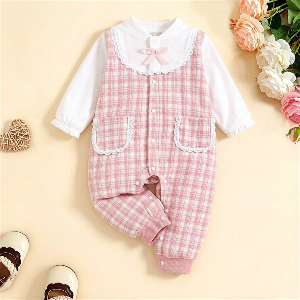 Refined Plaid Printed Long Sleeve Baby Girl Jumpsuit