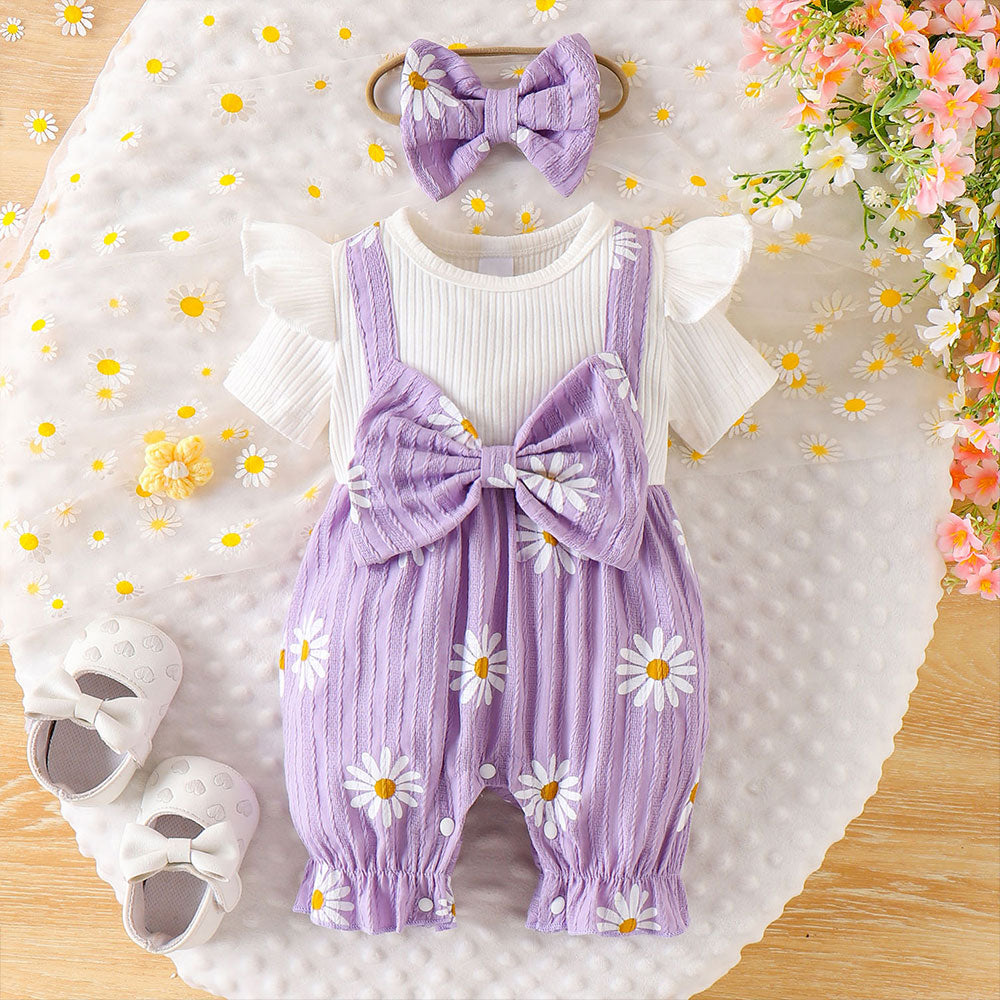 2PCS Lovely Color Block Daisy Print Short Sleeve Baby Jumpsuit