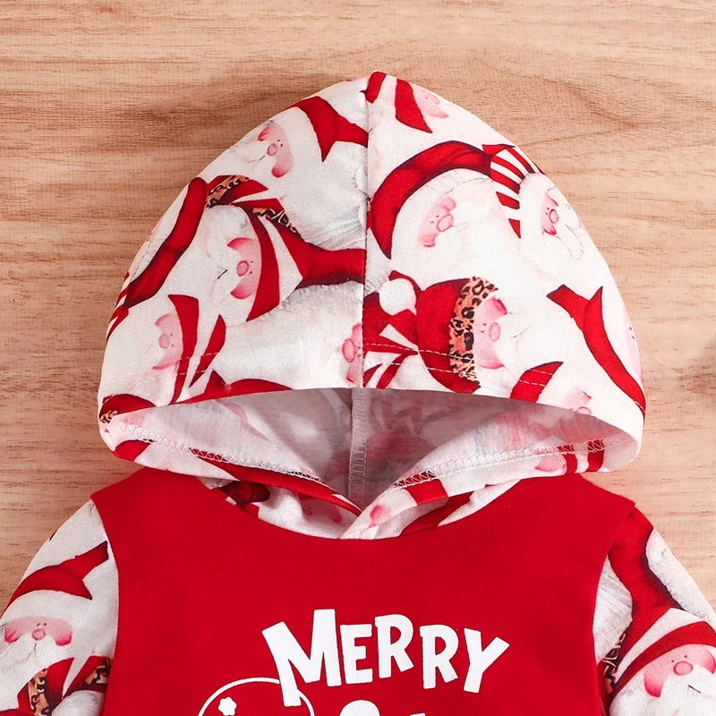 Merry Christmas Letter Santa Claus Printed Hoodie Baby Jumpsuit