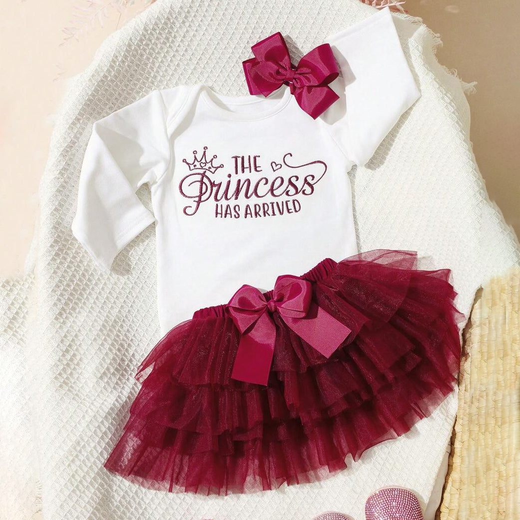 3PCS The Princess Has Arrived Letter Print Mesh Baby Set