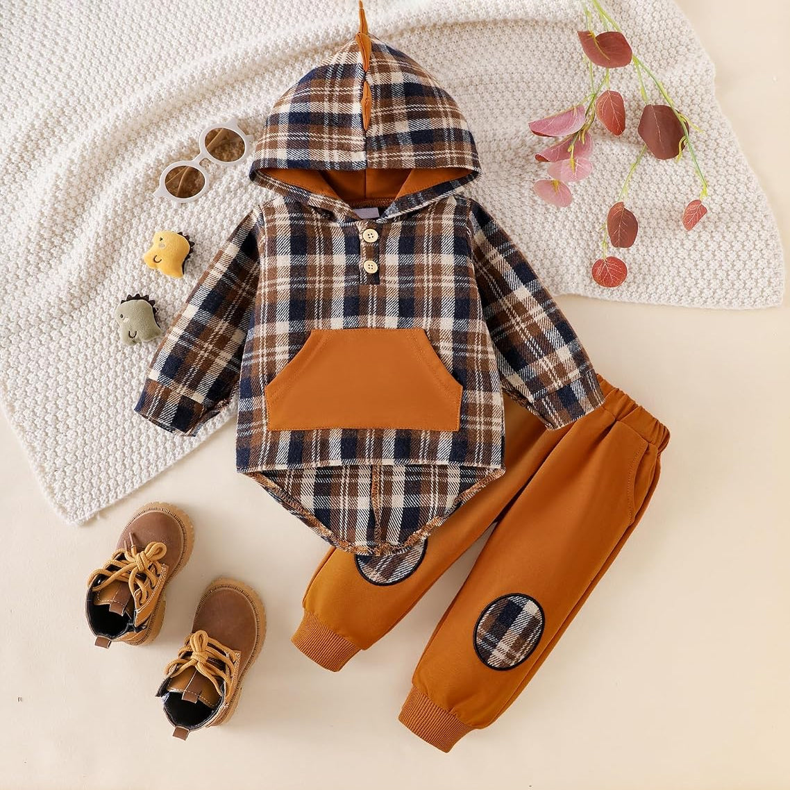 2PCS Dinosaur Spikes Plaid Print Long Sleeve Hoodie Baby Boy Set