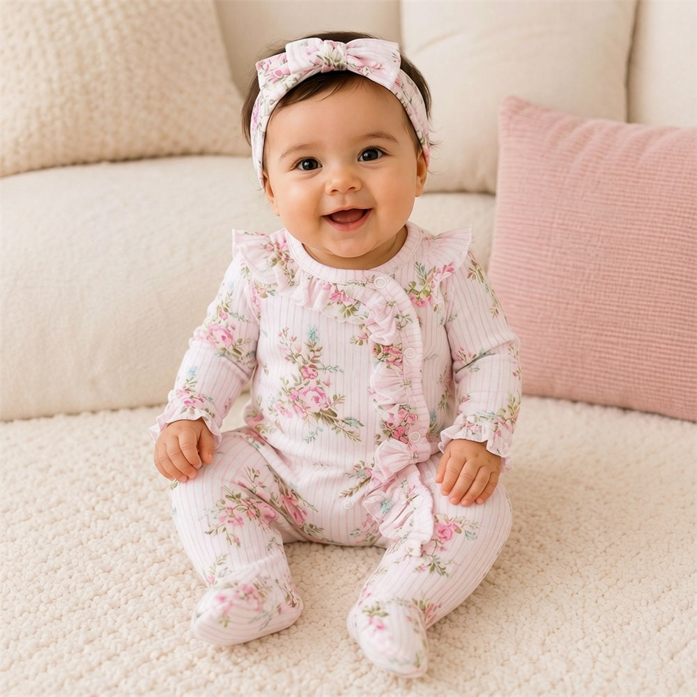 2PCS Grace Floral Printed Ruffle Long Sleeve Baby Girl Jumpsuit