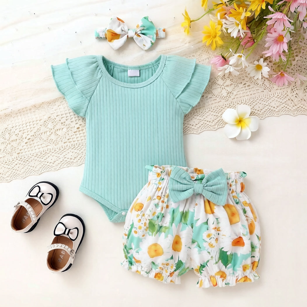 3PCS Fresh Floral Print Bowknot Flounce Sleeve Baby Set