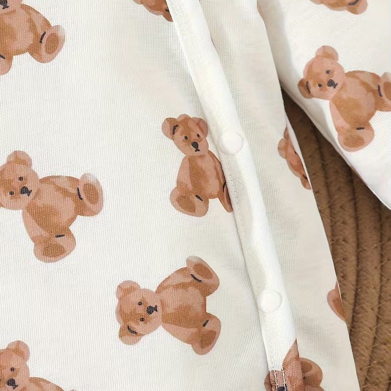 2PCS Delightful Teddy Bear Print Long Sleeve Baby Jumpsuit