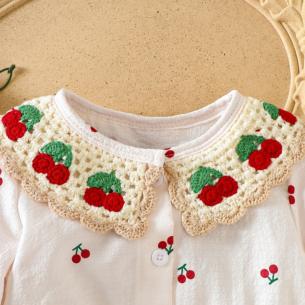 All-Over Cherry Printed Crochet Collar Long Sleeve Baby Jumpsuit