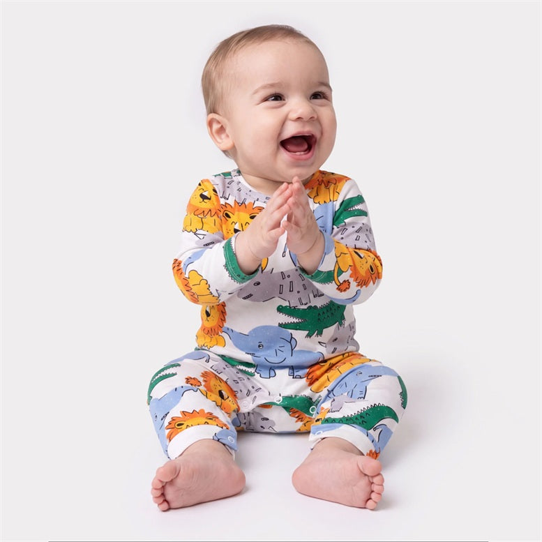 Adorable Lion Elephant Print Long Sleeve Baby Jumpsuit