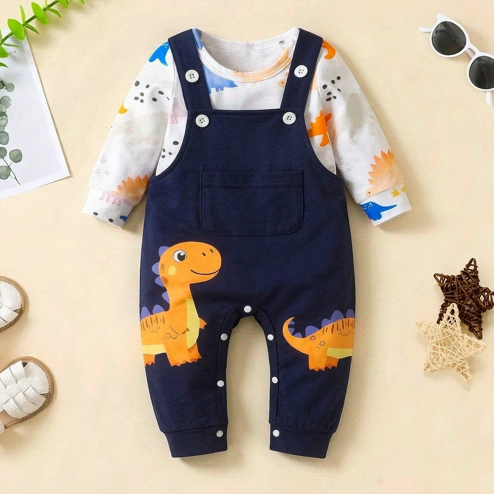 Cute Dinosaur Print Faux Two Piece Long Sleeve Baby Boy Jumpsuit
