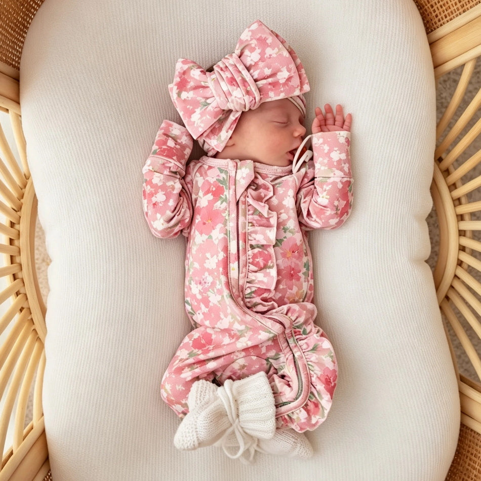 2PCS Graceful Floral Printed Ruffle Zipper Long Sleeve Baby Jumpsuit
