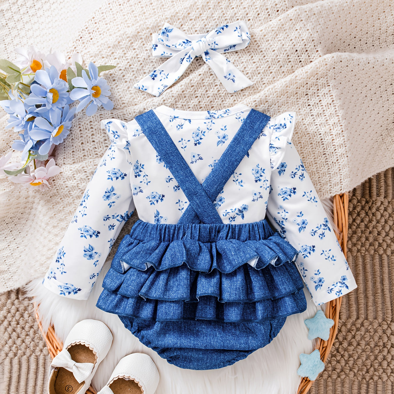 3PCS Gorgeous Floral Printed Long Sleeve Bowknot Baby Set