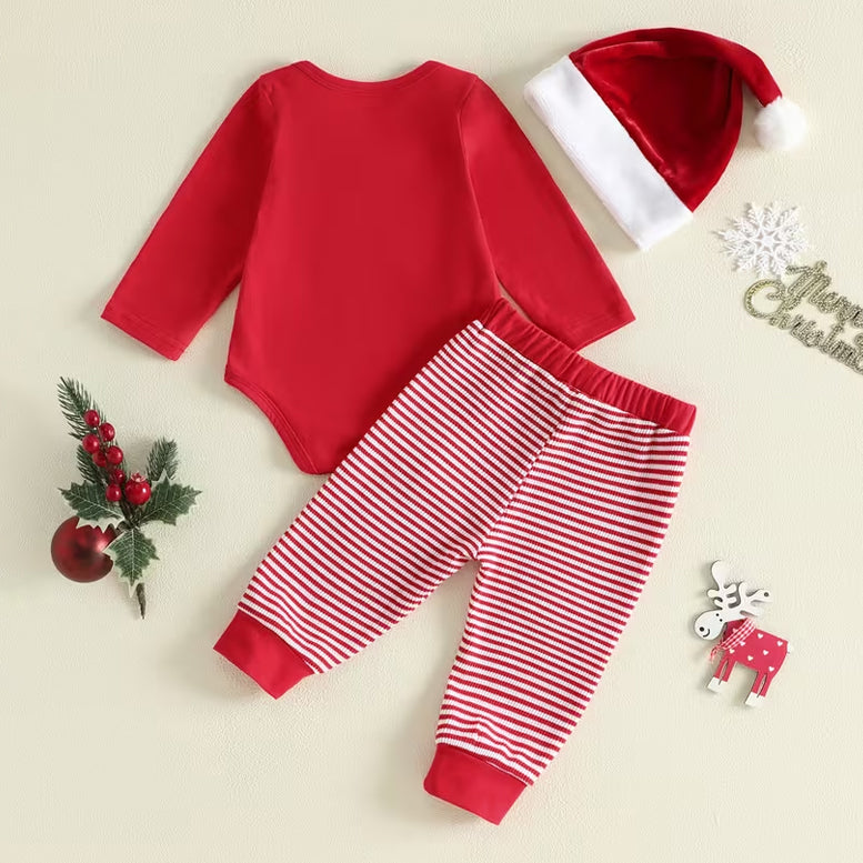 3PCS Cute My 1st Christmas Santa Letter Embroidery Striped Baby Set