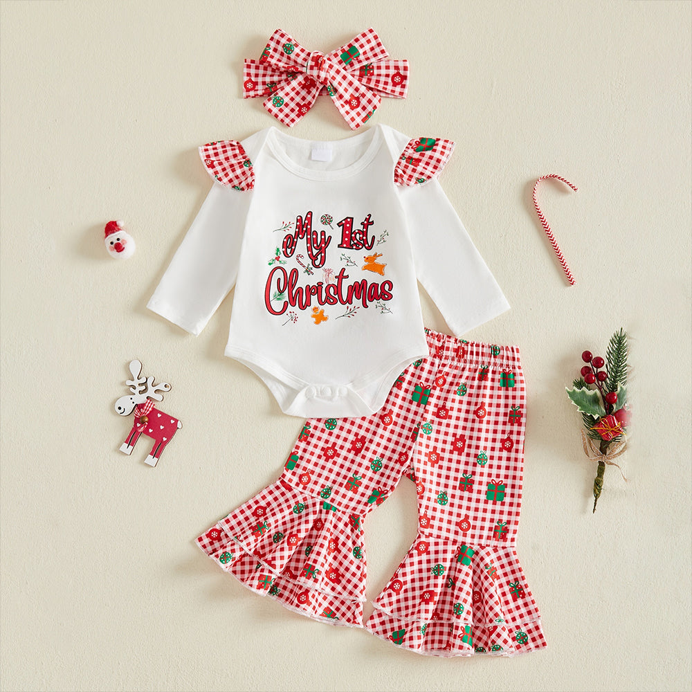 3PCS Lovely My 1st Christmas Letter Plaid Print Baby Girl Set