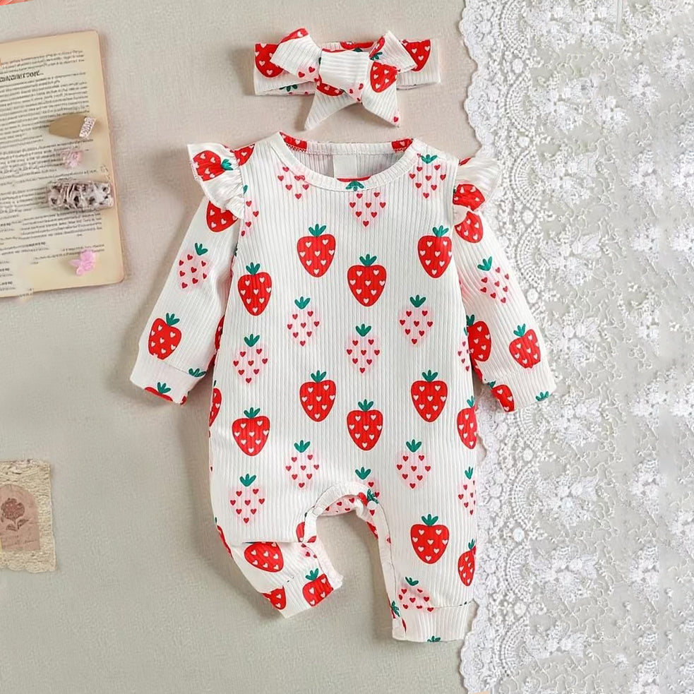 2PCS Cute Allover Strawberry Print Baby Jumpsuit