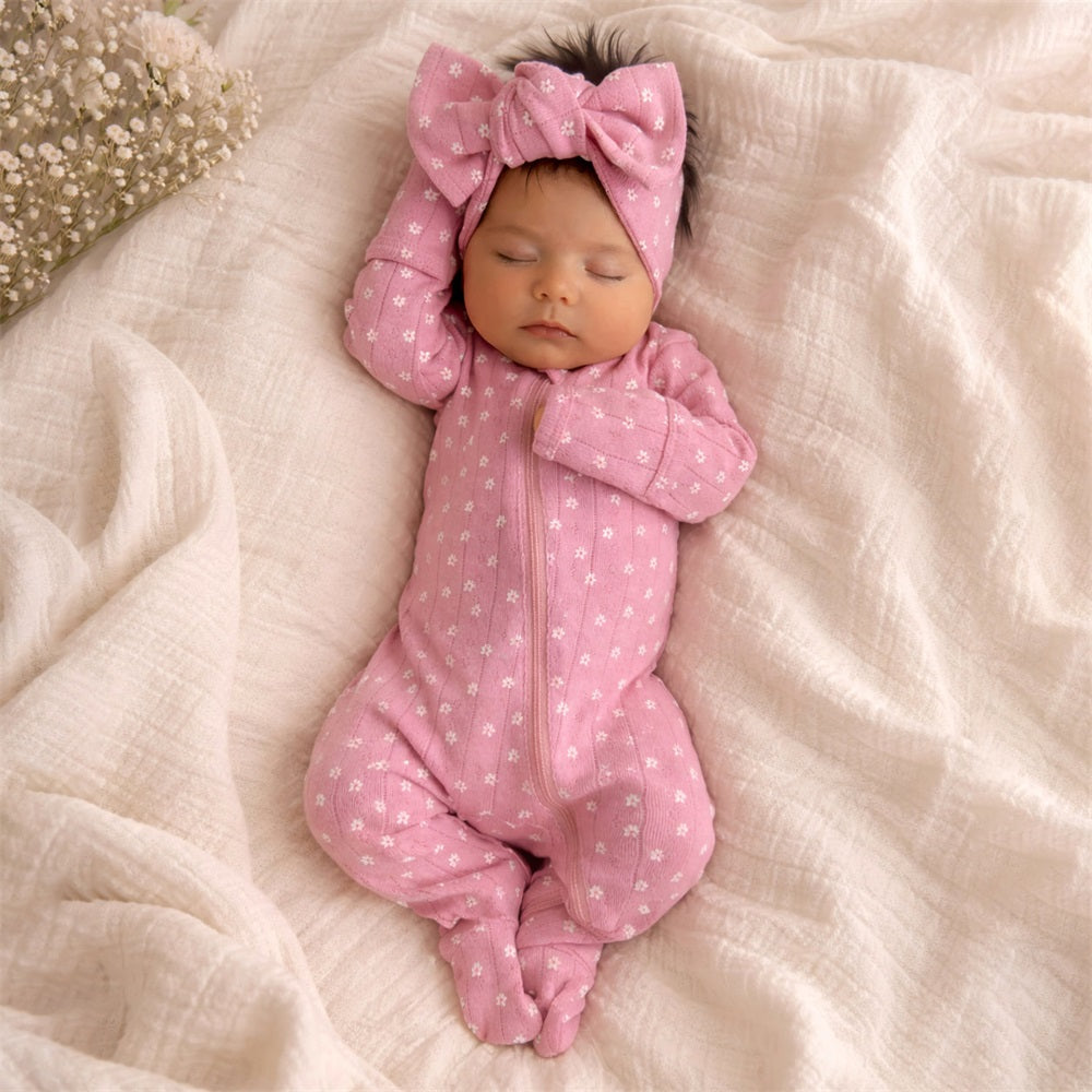 2PCS Casual Cute Floral Printed Long Sleeve Zipper Baby Jumpsuit