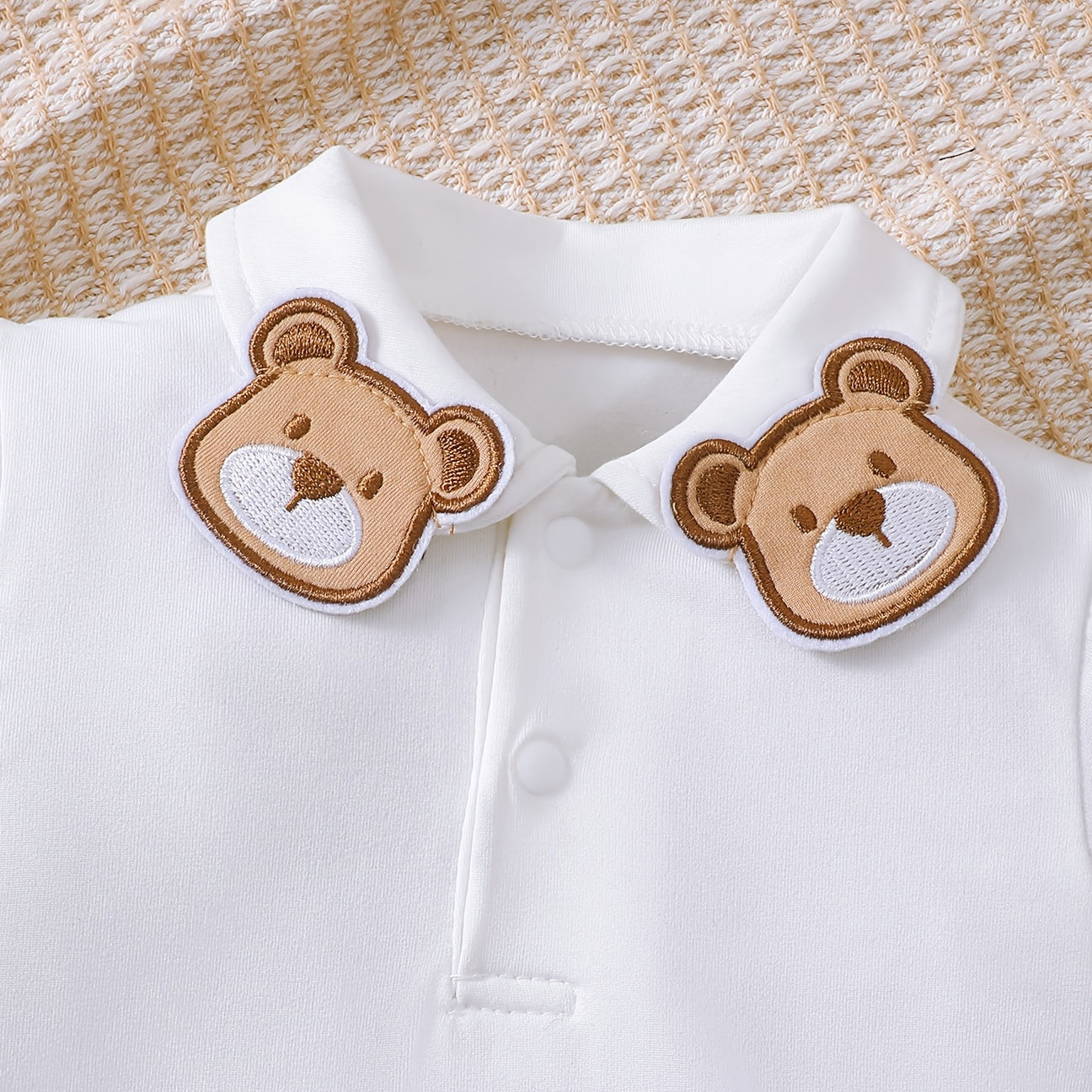 2PCS Bear Appliqué Plaid Print Short Sleeve Overalls Baby Set