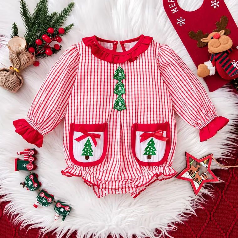 Lovely Christmas Tree Applique Plaid Printed Long Sleeve Baby Romper