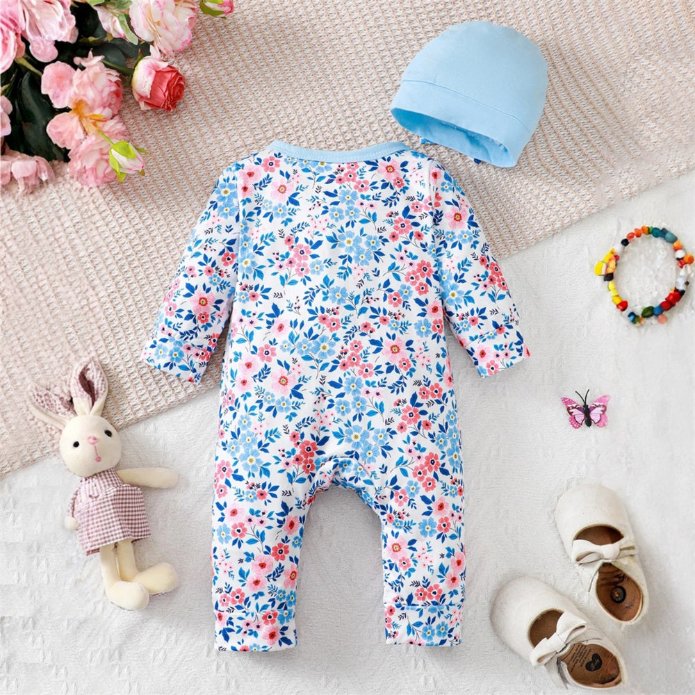 2PCS Trendy Floral Print Bow Long Sleeve Baby Jumpsuit