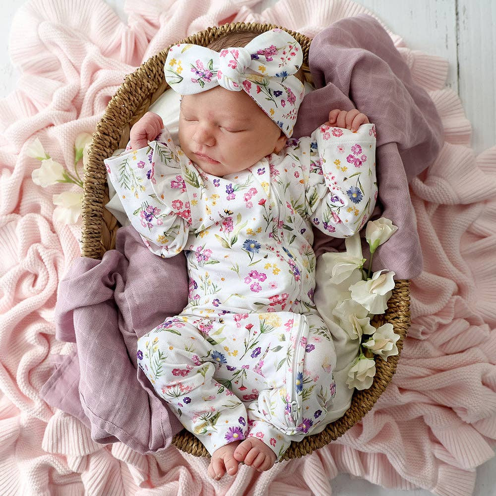 2PCS Quirky Floral Printed Long Sleeve Zipper Baby Jumpsuit