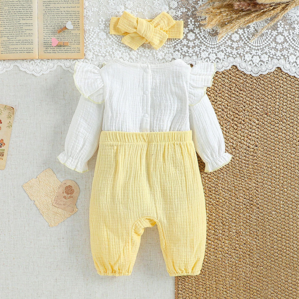 2PCS Sweet Color Block Bow Long Sleeve Baby Girl Jumpsuit