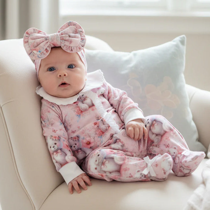 2PCS Lovely Teddy Bear Floral Print Long Sleeve Baby Jumpsuit