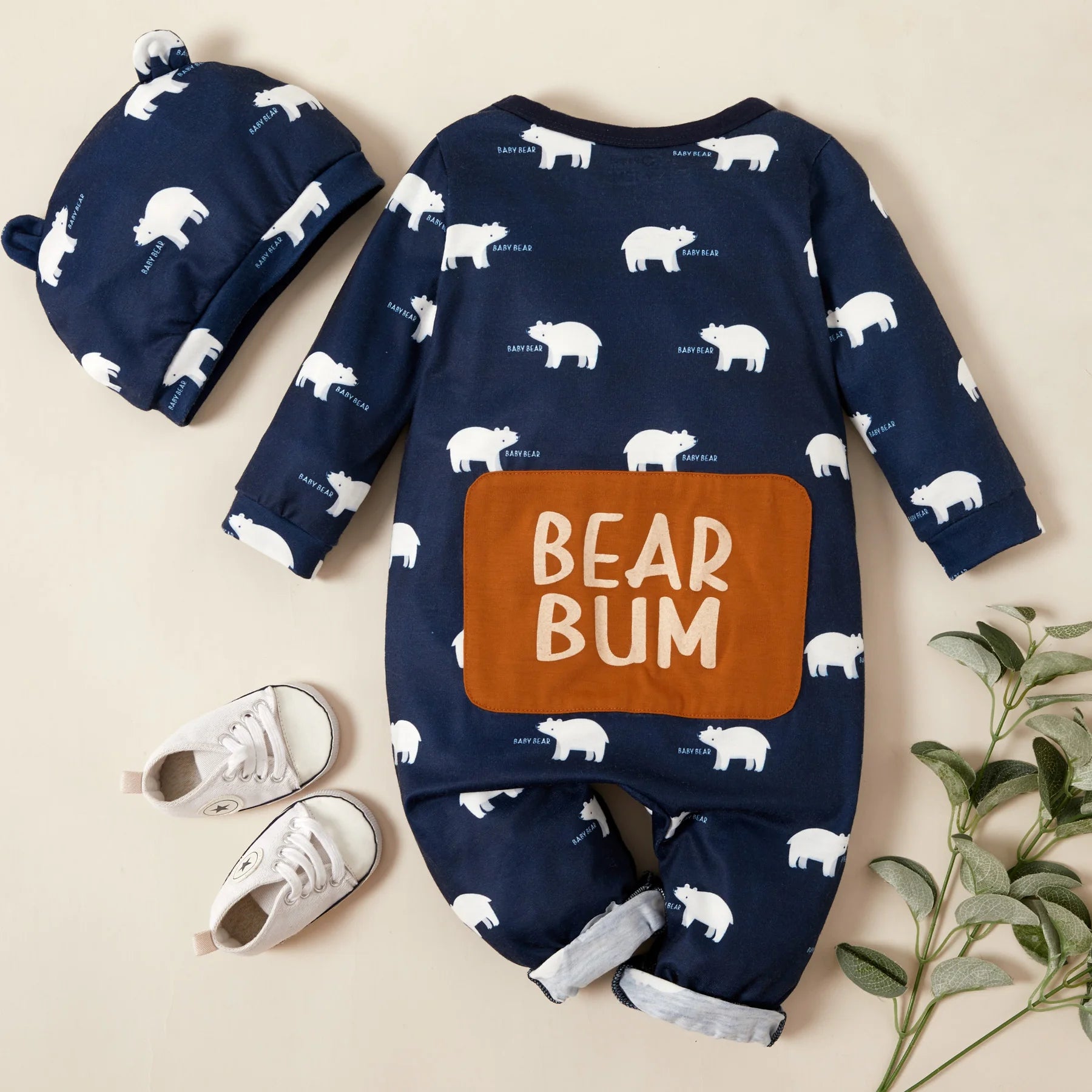 2PCS All Over Polar Bear Printed Long Sleeve Baby Jumpsuit